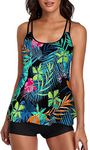 Flowy Tankini Bathing Suits for Women Tummy Control Swimsuits Two Piece Swimwear Floral Print Tank Top with Boyshorts, Black & Green, Large