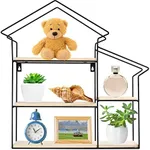 Greenco Shelf, Natural Geometric House Shaped 3 Tier Mounted Floating Shelves, Home Decor, Metal Wire and Rustic Wood Wall Storage Shelves for Bedroom, Living Room, Bathroom, Kitchen and Office