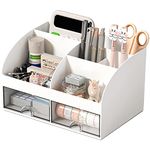 Drawer Organizers, 6 sections & 2 drawers Pen Holder for Desktop Storage, Desk Organizer and Accessories, Plastic Makeup Organizer, Desk Organization for School, Home, Office Supplies (White)