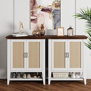 coucheta Buffet Cabinet, Rattan Storage Cabinet with Doors and Shelves, Entryway Storage Cabinet Buffets and Sideboards Accent Cabinet Kitchen Cupboard Console Table for Dining Room, Hallway (2 Pcs)