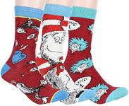 Dr. Seuss Socks Adult Cat In The Hat Thing 1 Thing 2 Character Design 3 Pack Mid-Calf Crew Socks