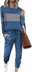 Ekouaer Womens Pajamas Set Long Sleeve Sweatsuits 2 Piece Lounge Set Crewneck Loungewear with Pockets Navy, Small