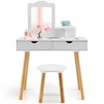 Maxmass 2-in-1 Kids Vanity Table and Stool, Wooden Children Dressing Table Set with Detachable Mirror, 2 Drawers and Open shelf, Princess Makeup Dresser Desk for Girls (White)