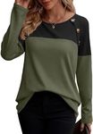 Zeagoo Long Seeve Shirts for Women Cute Fall Tops Waffle Sweater Crewneck Tunic Shirts Color Block Pullovers,Army Green L