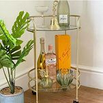 spot on dealz® Drinks Trolley Kitchen Island Bar Cart Trolley Serving Cart With Two Glass Shelves Gold Mini Bar Table Four Plastic Castor Wheels Flat Pack Item