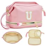 Initial Travel Makeup Bag Personalized Double Layer Large Cosmetic Bag for Women/Teen Girls, Waterproof Leather Toiletry Bag, Pink, U, U