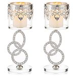 Sziqiqi Crystal Candle Holders Silver Candlestick Holders Votive Glass Tealight Holder Set of 2 for Home Room Entryway Shelf Decor Wedding Table Centerpiece Decor, Coned Candle Cup, 6.9in