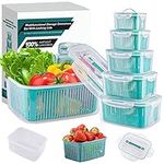 15 PCS Stackable Food Storage Containers Set for refrigerator Airtight Fruit & Vegetable Storage Box BPA Free Organizer with Drainer Baskets and Handles for Picnic Party Travel (Pine Green)