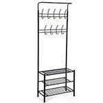 SONGMICS Coat Stand with 3 Shoe Racks with 18 Hooks Tube Diameter 32 mm, Metal, Black, 68.8 x 35.2 x 187 cm