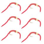 The Fly Fishing Place Trout Nymph Fly - San Juan Worm Power Bead 1/2 Dozen Gold Bead Red V-Rib Hook Size 14 - Set of 6 Fly Fishing Flies