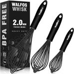 Walfos Silicone Whisk, Stainless Steel Wire Whisk Set of 3 - Heat Resistant Kitchen Whisks for Non-Stick Cookware, Balloon Egg Beater Perfect for Blending, Whisking, Beating, Frothing, Black