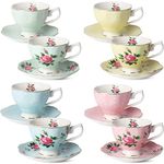 BTaT- Floral Tea Cups and Saucers, Set of 8 (8 oz) Multi-Color with Gold Trim and Gift Box, Coffee Cups, Floral Tea Cup Set, British Tea Cups, Porcelain Tea Set, Latte Cups