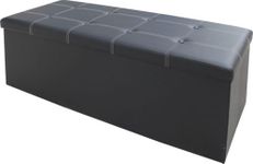 BARGAINS-GALORE Large Triple Black Ottoman Faux Leather Bench Stool | Folding Seat Footstool Chest Foldable | Storage Box Foot With Lids For Kids Toys, Bedroom, Hallway, Living Room (Triple, Black)