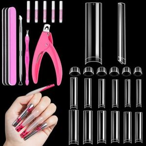 MORGLES 3XL Square Nail Tips No C Curve, 504 Pcs Clear Acrylic Half Cover Tips with Nail Glue, Clipper, Files and Cuticle Fork for DIY Manicure