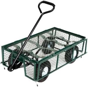HortiKRAFT Heavy Duty Garden Utility Cart - 300kg Capacity Steel Mesh Wagon with Removable Sides - Outdoor Yard Dump Cart with 10 Inch Pneumatic Wheels - Steel Frame Garden Trolley Cart