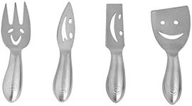 NewlineNY Stainless Steel 4 Pieces Smiling Faces Cheese Knife Set: Hard and Soft Cheese Knives, Serving Fork & Cheese Spreader