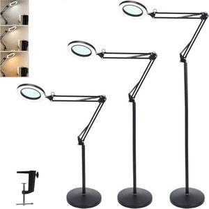 Mfancy 10X 5X Magnifying Glass with Light and Stand, 3-in-1 Adjustable Swing Arm Magnifying Floor Lamp, Adjustable Color Temperature & Dimmable Lighted Magnifier Lamp with Clamp for Reading,Close Work