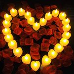 1000 Pieces Artificial Red Rose Petals with 24 Pieces Heart Romantic Flameless LED Tea Light Candles for Special Night, Love Candle for Valentine's Day, Anniversary Decorations, Party Decor