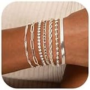 Adramata 7 Pcs Chaîne Bracelets pour Femme Bracelet Acier Inoxydable Femme Twist Figaro Zag Chaîne Bracelets Réglable CZ Fantaisie Bracelets Ensemble Argent Or Bracelets pour Femmes Filles
