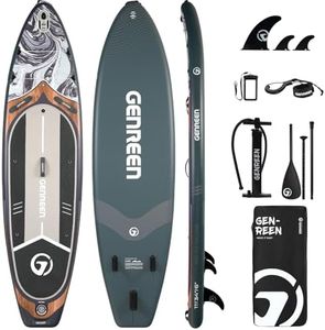 Genreen Paddle Board Stand up Inflatable SUP 11'x34' Thickened PVC 3 People 5 Grips 3 Fins Double Layer Edge 450LBS Multi Mount x2 Fishing Ink Teal
