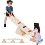 2 in 1 Teeter Totter Wooden Seesaw & Balance Beam, Stepping Stones, Climbling Toys Up & Down Bridge for Kids, Montessori Toy Wooden Gym Equipment for Children Indoor Outdoor Use