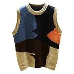 Dawwoti Women Knitted Sleeveless Jumpers Colour Block Sweater Vest Crew Neck Vest Knitwear