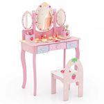 GYMAX Kids Vanity Table and Chair Set, Wooden Dressing Tables with 3 Mirror, 3 Large Drawers & 2 Storage Boxes, 2 in 1 Makeup Vanity Desk for Girls Children (Pink)