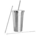 Stainless Steel Tumbler (16oz) with 2 Stainless Steel Straws and Cleaning Brush - Dual Layer Insulation - Ideal Travel Tumbler to Keep Your Hot and Cold Drinks at Temperature Longer