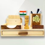 Divine Sapphire Wooden Desk Organizer with Flag, Pen Holder, and Clock,