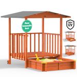 Spielwerk® Merle Childrens Wooden Sandpit with Roof Porch | 133 x 127 x 137 cm | Wood Sand Play Box Playhouse | UV 50+ Sun Protection Shade Cover | Transport Wheels Outdoor Sand Garden Toy