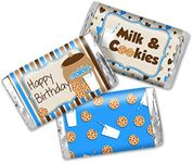 Milk and Cookies Boy Birthday Mini Chocolate Candy Bar Sticker Wrappers for Kids, 45 1.4" x 2.6" Wrap Around Labels by AmandaCreation, Great for Party Favors