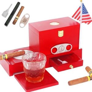 KING'S PALACE Cigar Humidor and Cigar Ashtray Set with Humidifier, Hygrometer, Cigar Cutter, Drawer, Wooden Tray, Stainless Steel Ashtray,America Flag,Cigar Accessories Kit for Men Luxury