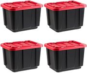 IRIS USA 45 Liter Stackable Heavy Duty Totes for Truck, 4 Pack, BPA-Free Tough Storage Bins, Garage Organizing Container with Durable Snap Lid, Black/Red