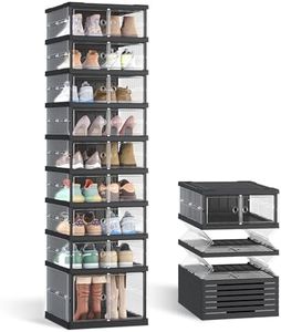 SONGMICS Foldable Shoe Storage Organizer for Closet, Stackable Sneaker Cabinet with Magnetic Door, Large Plastic Container Bins for Entryway, 9-Tier for 18 Pairs, Transparent and Ink Black ULSP918BH01