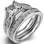 JUDE Stainless Steel Princess Cut Wedding Engagement Ring Set Anniversary Propose Eternity Bridal Halo (Silver, G)