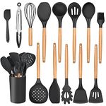 Leonyo 14 PCS Kitchen Cooking Utensils Set with Holder, Silicone Kitchen Gadgets Spatula Set for Nonstick Cookware, Cooking Tools with Spoons, Spatulas, Turners, Soup Ladle, Wooden Handle, Black