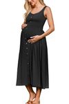 OUGES Womens Black Maternity Dress Casual Scoop Neck Maternity Clothes Pregnancy Midi Button Tank Dress Summer Sundress with Pockets 2024(Black,M)