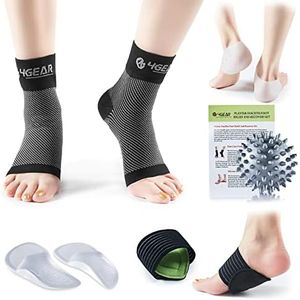 Plantar Fasciitis Pain Relief Recovery Kit - 9 PCs - Foot Compression Sleeves, Heel Protectors, Cushioned Arch Support Wraps & Inserts, Foot Massage Ball- Instruction Guide Included (L/XL)