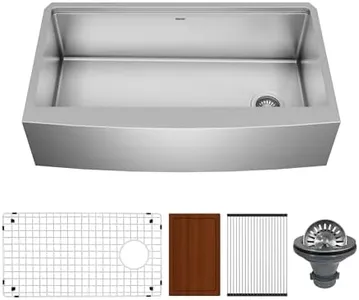 Karran Elite 36-Inch Single Bowl Apron Front Farmhouse Workstation Sink, 16 Gauge Stainless Steel, Smart Ledge System, Satin Finish, Accessories Included