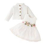 JiAmy Baby Girls Dress Outfits Sleeveless Floral Print Tulle Tutu Dresses Long Sleeve Waffle Cardigan Coat 2Pcs Clothes Set for Toddler Girl 6-9 Months White