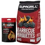 Supagrill Barbeque Charcoal Grill Briquettes - 8kg Barbecue Briquettes Bag & Homefire Twizlers Wood Wool Firelighters 300g with Topline Card for Outdoor BBQs, Camping, Garden Events.