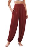 Famulily Women Flowy Harem Yoga Pants Smocked High Waistband Stretch Ankles Solid Color Casual Summer Beach Boho Lounge Trousers with Pockets Wine Red S