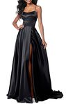 Lecureler Long Satin Spaghetti Strap Prom Dress Black Size 8