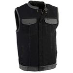 Milwaukee Leather MDM3010 Men's Black Denim Club Style Biker Vest with Leather Trim and Hidden Zipper - Large