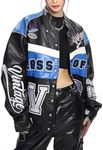 Vamtac Leather Racing Varsity Jackets Oversized Vintage Letterman Racing Bomber Coat Trendy Streetwear Black L