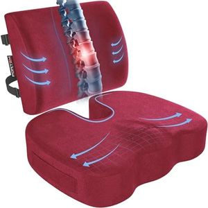 FORTEM Chair Cushion, Seat Cushion for Office, Lumbar Support for Chair, Back Support Memory Foam Pillow Washable Cover, XL (Red, Velour)