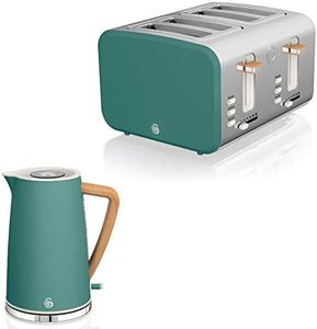 Swan Nordic Set Desayuno Hervidor de agua inalámbrico 1,7L 2200W, Tostadora Pan ranura ancha 4 rebanadas, 3 funciones, diseño moderno, efecto madera, verde