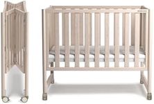 MAMAZING EvoNook 6-in-1 Convertible Mini Crib - Easy Assembly, Portable Folding Baby Mini Crib with Wheels, 100% New Zealand Pinewood, 4 Adjustable Mattress Heights, Washed Nature with Mattress