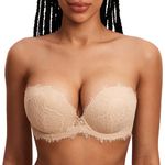 DOBREVA Women's Strapless Bra Push Up Lace Plunge Padded Underwire Bras Add 1 Cup Beige 40A