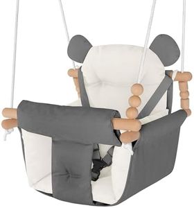 Baby Swing Indoor Outdoor,Secure Canvas Wooden Toddler Swing Seat, 3-Point Adjustable Safety Harness,Mounting Hardware Included,Gift for Boys and Girls,Grey and White